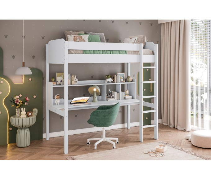 Ava Single Loft Bed White with Desk